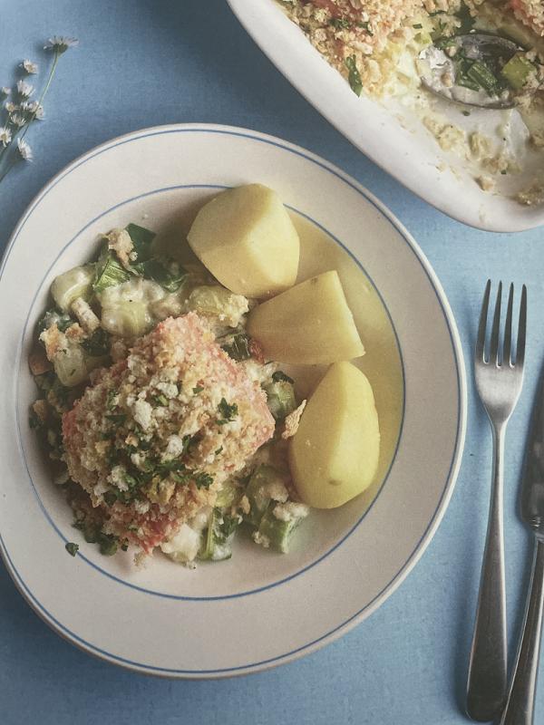 Crumble van zalm met prei