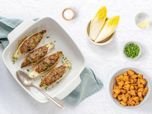 Witloof gevuld met gehakt en champignons