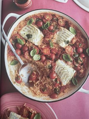 Kabeljauw met rijst, kerstomaten en rode pesto
